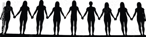 women holding hands together silhouette, female unity friendship teamwork solidarity support 