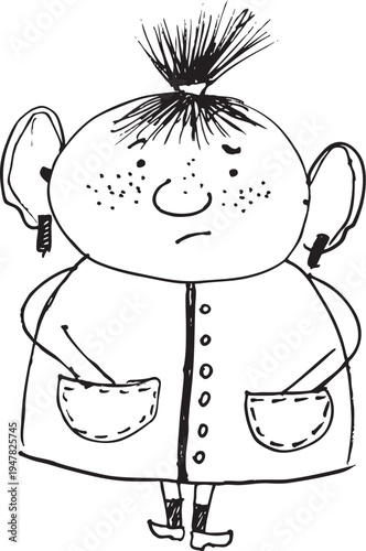 A funny, silly little girl makes faces: confusion, underestimation, sadness. A Cute cartoon character for emojis, stickers, pins, patches, and badges. Vector outline illustration. Paw-eared.