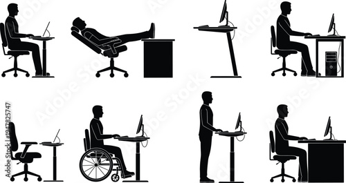 office worker sitting standing desk ergonomics illustration, correct posture computer workstation positions workplace health vector set design
