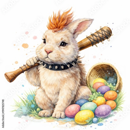 Funny Punk Easter Bunny with Baseball Bat and Colorful Eggs Illustration creative Easter greeting cards, humorous holiday advertising, cartoon merchandise design.