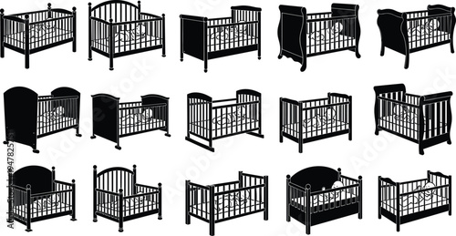 Baby crib silhouettes collection, classic and modern wooden nursery beds set, infant cot furniture vector illustration isolated on light background