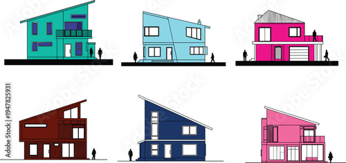 Collection of modern slanted roof house elevations, colorful architectural facade set, contemporary residential building vector illustrations isolated on light background