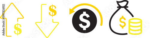 Finance color icons. Business Icons, money signs. Money silhouette collection. Wallet with cards icon. Coins silhouette icon. Growth chart