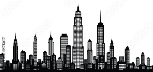 modern city skyline silhouette with skyscrapers and urban buildings panorama, metropolitan architecture vector illustration isolated on white background