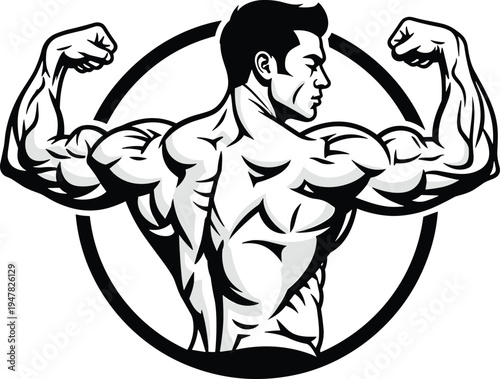 muscular bodybuilder flexing arms illustration, strong fitness athlete bodybuilding logo emblem powerful male gym training vector design