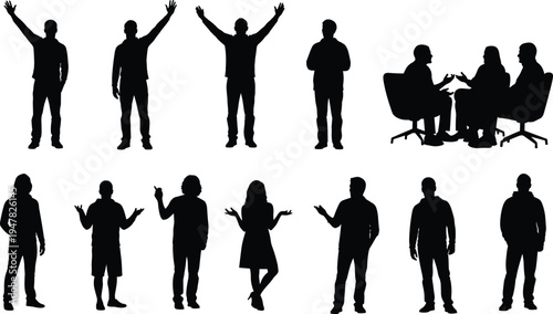 People silhouette collection with standing, waving, talking and meeting poses, human interaction and communication concept illustration
