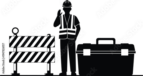 construction worker silhouette with road barrier and toolbox, engineer builder safety equipment workplace vector illustration isolated on white background