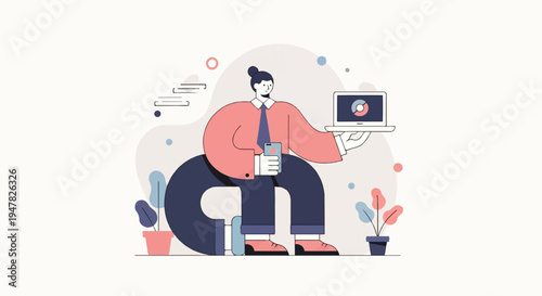 Person with laptop and phone sitting on giant letter in modern office