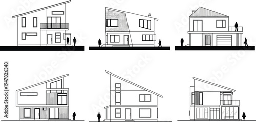 Set of modern house elevation drawings with people silhouettes, contemporary residential architecture collection showing different home facade designs and urban housing concepts.