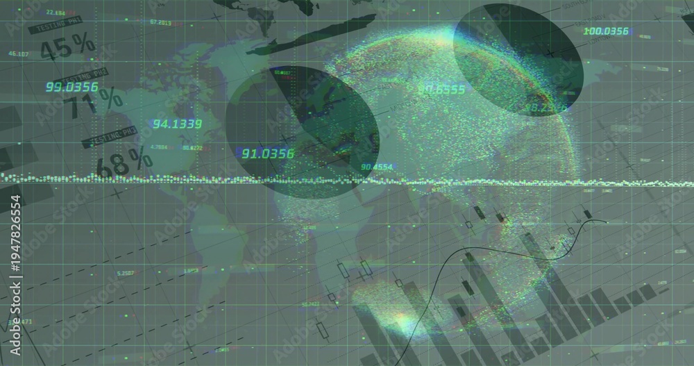 Fototapeta premium Showing translucent globe overlapping grid dashboard, with numeric labels and candlestick charts