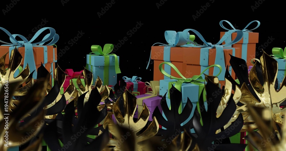 Naklejka premium Displaying vivid wrapped gift boxes stacking in studio, with metal leaf sculptures and bows