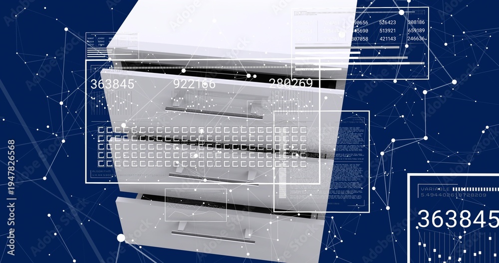 Fototapeta premium Displaying multifunction printer showing numeric readouts, drawers, output tray in studio with UI