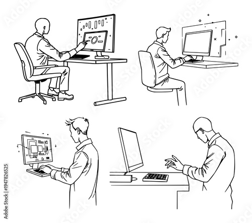 Person interacting with floating 3D interface set with abstract line art featuring futuristic workstation, digital UI, ergonomics with minimalism and white background