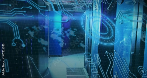 Glowing server racks lining raised-floor aisle, with perforated grates, cable trays, blue HUD