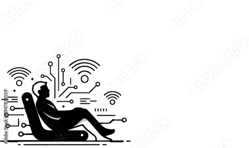 Person relaxing in a futuristic connected seat with data flow