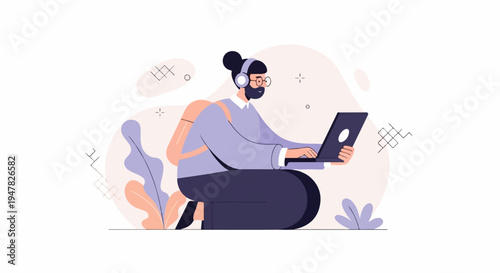 Person with backpack and headphones working on laptop amidst abstract shapes and foliage