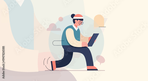 Person running with a tablet computer, abstract shapes background