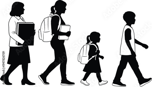 Silhouette set of teacher and students walking with backpacks and books, education concept representing school life, learning, and academic journey.