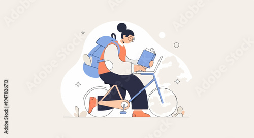 Person with backpack and laptop reading a book while riding a bicycle