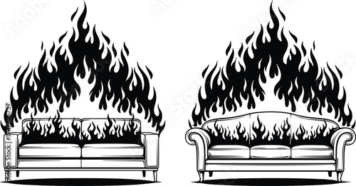 sofa on fire illustration showing burning couch furniture concept, house fire hazard emergency disaster vector design isolated