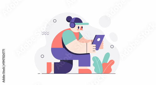 Person with headphones and tablet near plants, abstract shapes background
