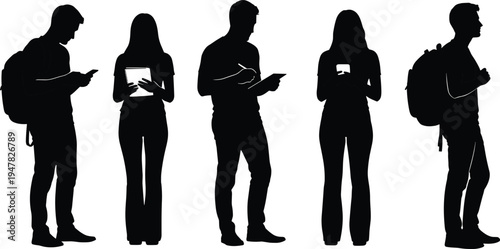 Student silhouettes using smartphone and tablet with backpacks, modern youth technology lifestyle, college campus communication and digital learning concept illustration