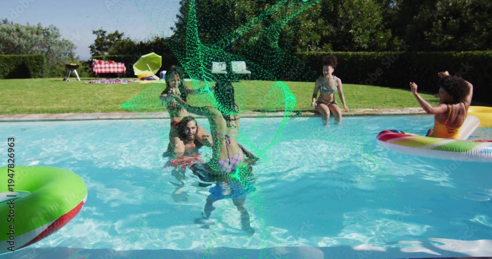 Naklejka premium Splashing friends and family in swimsuits and playing in backyard pool, with green particle overlay