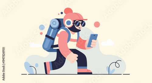 Person with backpack and phone navigates digital world