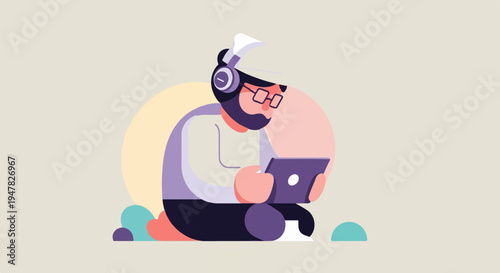 Person with headphones and tablet sitting with abstract shapes