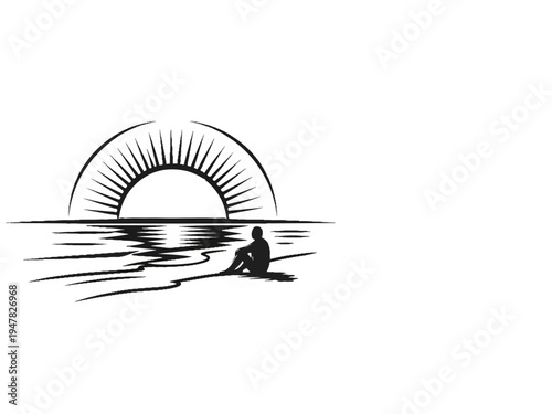 Silhouette of a person contemplating a stylized sunrise over rippling water