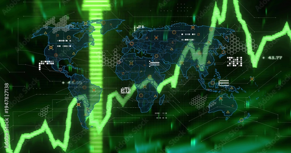 Naklejka premium Displaying digital world map and jagged green line crossing virtual dashboard, with hex clusters
