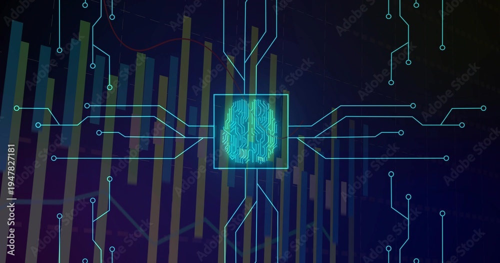Obraz premium Glowing neural chip with brain-shaped circuit emitting neon traces on digital dashboard, bar charts