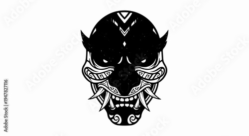 Stark black and white illustration of a fearsome mask with fangs