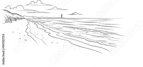 Stylized black and white sketch of a sandy beach leading to the ocean with a distant lighthouse