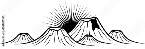 Stylized black and white sketch of a sunrise over a mountain range