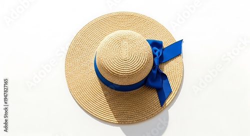 Straw hat with a blue ribbon on a white background