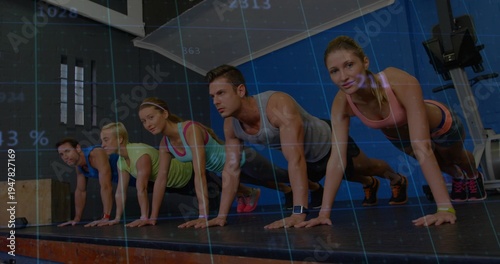 Картината върху платно Holding plank five adults wearing sportswear on raised platform at gym, plyo box