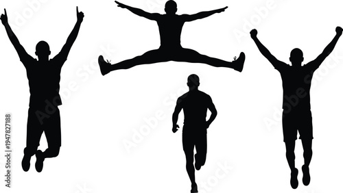 Running and jumping athlete silhouettes set, male fitness sport action poses isolated black vector illustration collection