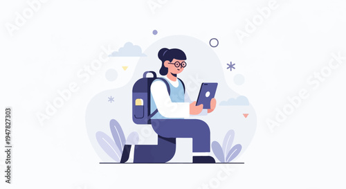 Person with backpack and tablet, kneeling amidst abstract shapes and plants