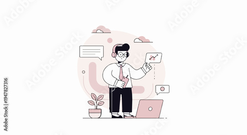 Person with headphones and tie, holding phone near laptop and plant