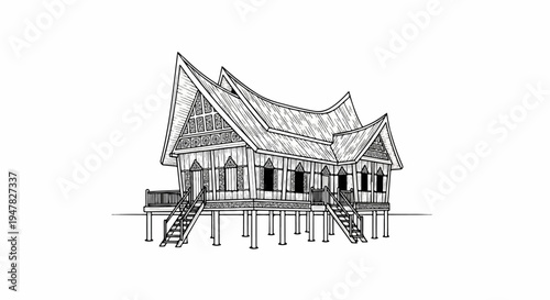 Stylized, black and white sketch of a traditional, stilted dwelling with ornate details