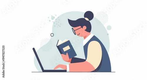Person with glasses reading book at laptop in abstract background