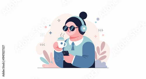 Person with headphones, coffee, and phone, surrounded by pastel abstract shapes