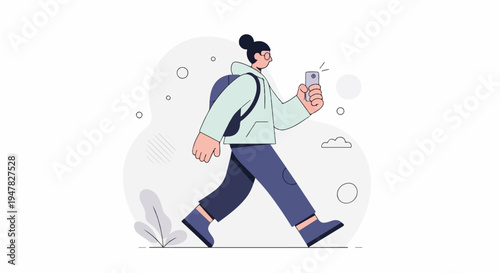 Person with backpack, glasses, holding smartphone while walking with abstract shapes