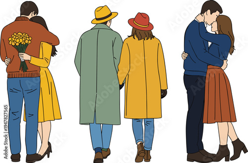 romantic couple set walking and hugging together, love relationship scenes, boyfriend girlfriend cartoon characters vector illustration