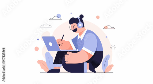 Person with headphones drawing on a laptop amidst abstract shapes and clouds