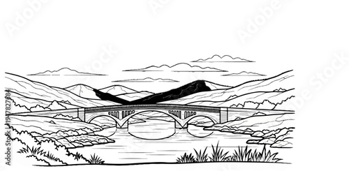 Stone bridge spans river amidst rolling hills and distant mountains under cloudy sky