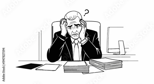 Stressed businessman with hands on head, question mark, piles of papers on desk