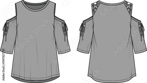 women cold shoulder tunic dress technical fashion sketch, front and back view apparel template vector clothing design illustration