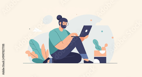 Person with laptop and plants, flat illustration style
